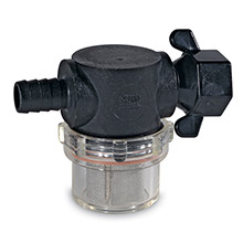 SHURFLO Swivel nut strainer %2D 1 and 2 inch barb inlet %2D clear bowl