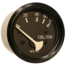 VDO Allentare black 80psi oil pressure gauge %2D use w and marine 240%2D33 ohm sender %2D 12v %2D black bezel