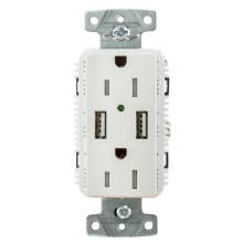 HUBBELL USB15A5W White Outlet Dual 15 Amp 125v 2%2DPole and Dual 5 Amp 5v USB Ports