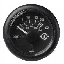 VDO Marine 2%2D1 and 16 inch 52mm ViewLine Transmission Oil Pressure 25 Bar and 350 PSI %2D 8%2D32V %2D Black Dial and Round Bezel