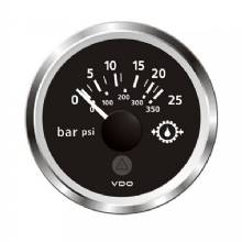 VDO 2%2D1 and 16 inch 52mm ViewLine Transmission Oil Pressure 25 Bar and 350 PSI %2D 8%2D32V %2D Black Dial and Chrome Triangular Bezel