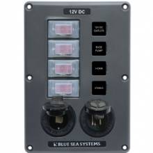 BLUE SEA Water%2DResistant 12V 4 Circuit Breaker Switch Panel with 12v Socket and Dual USB